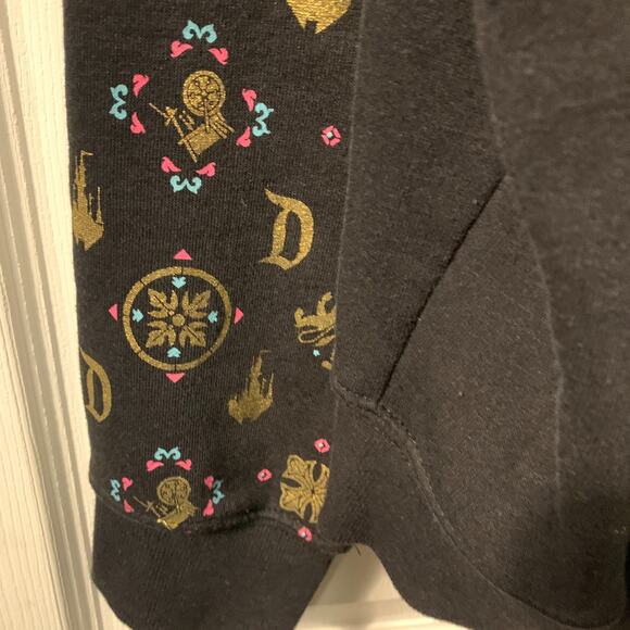 Disney Gold Foil Print Hoodie Adults Size L Black Full Zip Raglan Sleeves Unisex - Picture 4 of 6